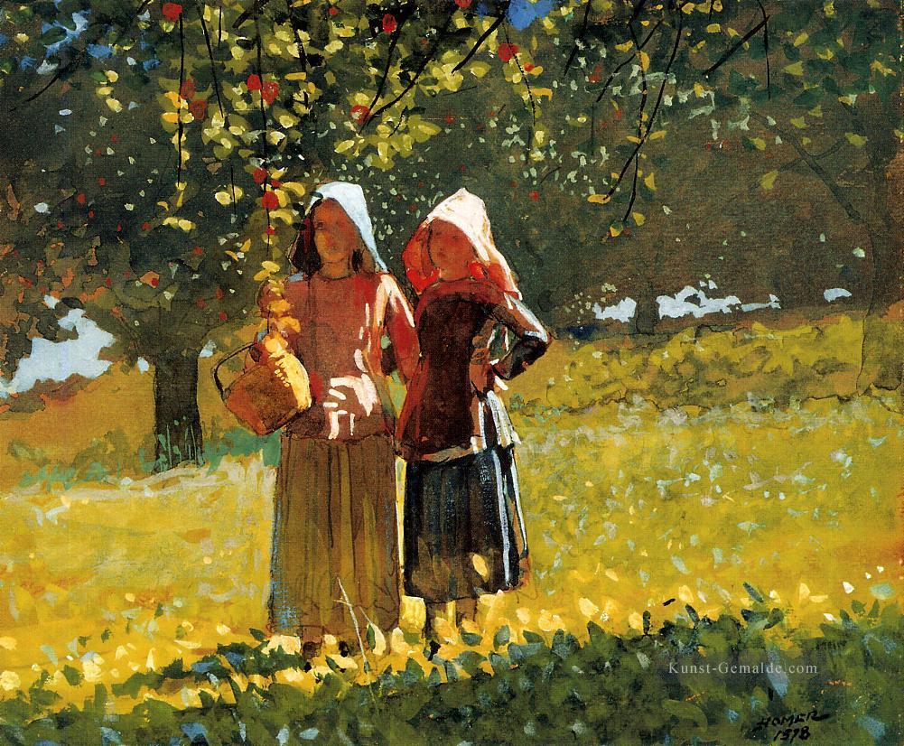 Apple Sammeln aka Zwei Mädchen in sunbonnets oder in der Orchard Winslow Homer Aquarell Ölgemälde